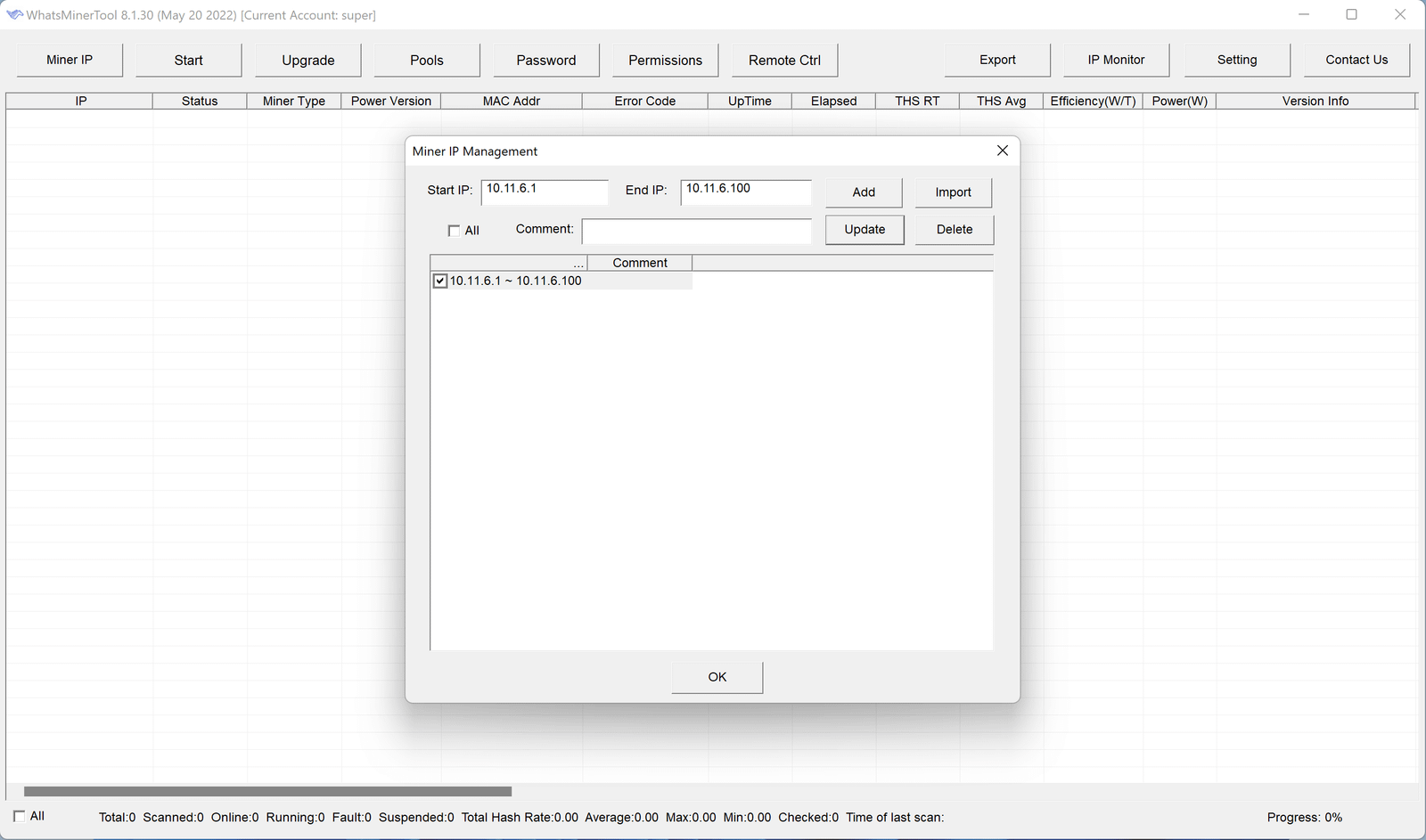 WhatsMiner Tool screen for adding miner IP ranges
